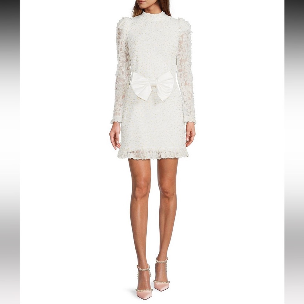 Antonio Melani x Nicola Bathie Julianna Ruffled Mock Neck Embroidered Mesh Dress